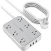 imageTESSAN Flat Extension Cord 10 FT with Flat Plug Power Strip Small Extension Cord with 6 AC Outlet 1 USB C and 2 USB A 1080J Surge Protector Power Strip Wall Mount for Dorm Room Office HomeGray