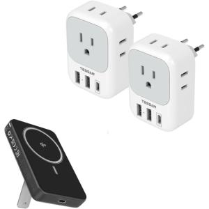 image2 Pack European Plug Adapter USB C TESSAN US to Europe Plug Adapter with 4 Outlets 3 USB Charger Type C Power Adaptor to Italy Spain France Portugal Iceland Germany Gray White with portable Charger