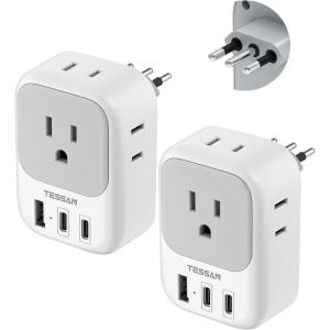 image2 Pack European Travel Plug Adapter No Voltage Conversion TESSAN US to Europe Plug Adapter with 4 Electrical Outlets 3 USB Ports 2 USB C Type C Power Adaptor for EU Italy Iceland SpainWhitegreyType L