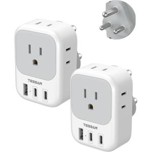 image2 Pack European Travel Plug Adapter No Voltage Conversion TESSAN US to Europe Plug Adapter with 4 Electrical Outlets 3 USB Ports 2 USB C Type C Power Adaptor for EU Italy Iceland SpainWhitegreyType M