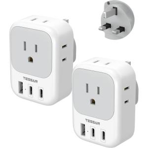 image2 Pack European Travel Plug Adapter No Voltage Conversion TESSAN US to Europe Plug Adapter with 4 Electrical Outlets 3 USB Ports 2 USB C Type C Power Adaptor for EU Italy Iceland SpainGrey white