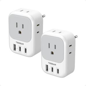 image2 Pack European Travel Plug Adapter No Voltage Conversion TESSAN US to Europe Plug Adapter with 4 Electrical Outlets 3 USB Ports 2 USB C Type C Power Adaptor for EU Italy Iceland SpainGreyType C 2 USB C