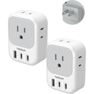 image2 Pack European Travel Plug Adapter No Voltage Conversion TESSAN US to Europe Plug Adapter with 4 Electrical Outlets 3 USB Ports 2 USB C Type C Power Adaptor for EU Italy Iceland SpainGreywhiteType A