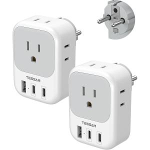 image2 Pack European Travel Plug Adapter No Voltage Conversion TESSAN US to Europe Plug Adapter with 4 Electrical Outlets 3 USB Ports 2 USB C Type C Power Adaptor for EU Italy Iceland SpainWhiteGrayType E F