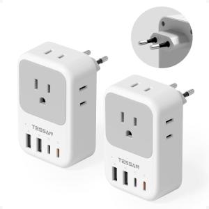 image2 Pack European Travel Plug Adapter No Voltage Conversion TESSAN US to Europe Plug Adapter with 4 Electrical Outlets 3 USB Ports 2 USB C Type C Power Adaptor for EU Italy Iceland SpainWhiteEuropeType C