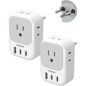 image2 Pack European Travel Plug Adapter No Voltage Conversion TESSAN US to Europe Plug Adapter with 4 Electrical Outlets 3 USB Ports 2 USB C Type C Power Adaptor for EU Italy Iceland SpainGreyType J
