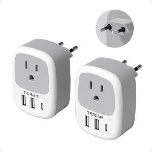 image2 Pack European Travel Plug Adapter TESSAN US to Europe Plug Adapter with 3 USB Ports 1 USB C Type C Power Outlet for EU International Italy Iceland Spain France Germanywhite grey  Type C