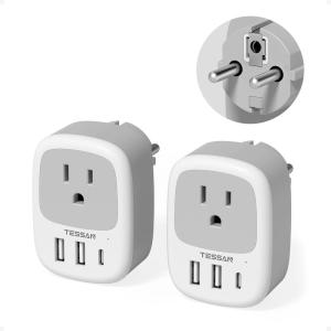 image2 Pack European Travel Plug Adapter TESSAN US to Europe Plug Adapter with 3 USB Ports 1 USB C Type C Power Outlet for EU International Italy Iceland Spain France Germanygreywhite