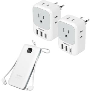 image2 Pack European Travel Plug Adapter USB C TESSAN US to Europe Plug Adapter with 4 Outlets 3 USB Charger 1 USB C Port with Portable Phone Charger with Built in Cables 10000mAh Power Bank