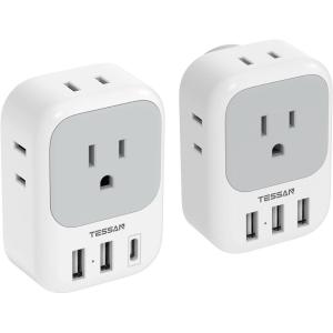 image2 Pack Multi Plug Outlet Extender with USB TESSAN Electrical 4 Box Splitter 3 USB Wall Charger Multiple Charging Station for Cruise Travel Office Dorm Essentials