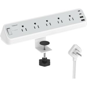 imageDesk Clamp Power Strip 10 Ft TESSAN 2100J Surge Protector Desk Charging Station 5 Outlets with 4 USB Ports 2 USB C Flat Plug Extension Cord with Multiple Outlets for Gaming Home Office Dorm RoomGrey
