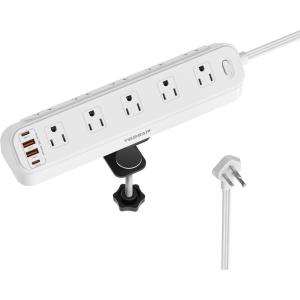 imageDesk Clamp Power Strip 6Ft TESSAN Flat Extension Cord with Multiple Outlets 10 Outlets with 4 USB 2 USB C Flat Plug 1625W Charging Station for Gaming Cruise Travel Office Dorm Room White