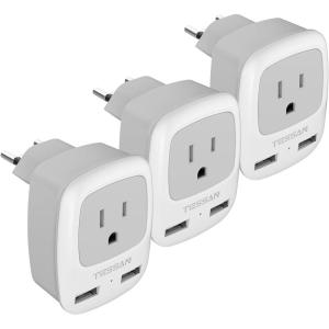 imageEuropean Travel Plug Adapter 3 Pack TESSAN International Power Adaptor 2 USB Type C Outlet Charger USA to Most of Europe EU Spain Iceland Italy Germany France IsraelGreyWhiteType J
