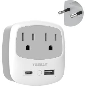 imageEuropean Travel Plug Adapter TESSAN Type C Adaptor with 2 Electrical Outlets 2 USB Ports 1 USB C EU Power Adapter for US to Europe International Iceland Spain Italy France Germany GreeceGrey