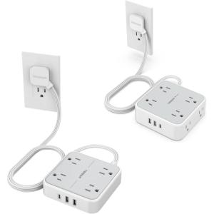 imageSurge Protector Flat Extension Cord Flat Plug Power Strip with 3 USB Wall Charger 1 USB C Port Multiple Outlets Dorm Room Essentials