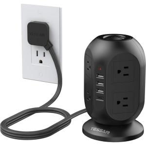 imageSurge Protector Power Strip Tower TESSAN 10 ft Flat Extension Cord with Multiple Outlets 8 AC Outlets 4 USB Ports 1 USB C Charging Station with Surge Protection for Home Office Dorm BlackBlack