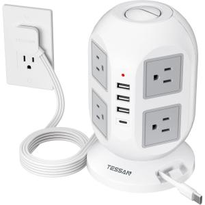 imageSurge Protector Power Strip Tower TESSAN 10 ft Flat Extension Cord with Multiple Outlets 8 AC Outlets 4 USB Ports 1 USB C Charging Station with Surge Protection for Home Office Dorm BlackGrey