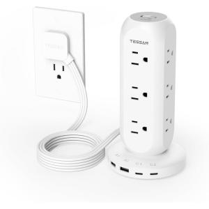 imageSurge Protector Power Strip Tower TESSAN Flat Plug Extension Cord 6 FT Charging Station with 9 Outlets and 4 USB2 USB C 900J Surge Protection for Office Home Dorm Room Desk Accessories