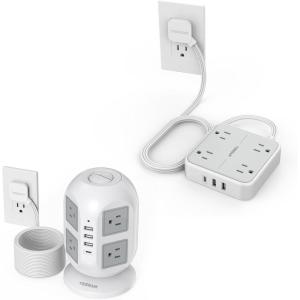 imageTESSAN 10FT Tower Power Strip with 5FT Ultra Thin Extension Cord Power Strip Bundle Multiple AC Outlets and USB Ports with Surge Protection Home Office Dorm Essentials