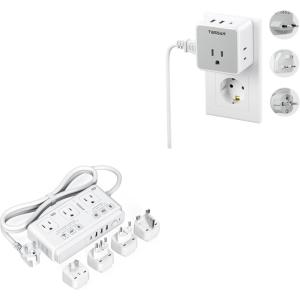 imageTESSAN All European UK Travel Plug Adapter Kit with 3 Outlet 3 USB Charger 1 USB C 220V to 110V Voltage Converter Step Down Transformer for UK EU AUS Italy Spain for Hair Dryer Curling Iron