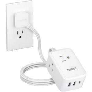 imageTESSAN Cruise Essentials Flat Plug Power Strip 5 Ft Extension Cord with 3 USB 1 USB C 3 Outlets Small Charging Station Non Surge Protector for Cruise Ship Travel Dorm Home Office White