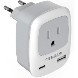 imageTESSAN European Travel Plug Adapter Europe Power Adaptor with 2 USB Ports International Type C Outlet Charger for US to Most of EU Iceland Spain Italy France Germanywhitegrey