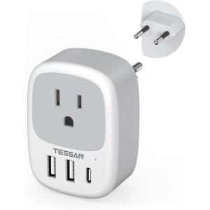 imageTESSAN European Travel Plug Adapter Europe Power Outlet with 3 USB Ports 1 USB C Port Type C Plug Adaptor for US to EU Italy Spain France Greece Portugal Iceland International Travel Essentialswhite grey  Type C