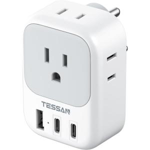 imageTESSAN European Travel Plug Adapter Type C Power Adaptor with 4 AC Outlets 3 USB Ports 2 USB C Europe Outlet Adapter for USA to EU Euro International Italy Iceland Spain France Greece GermanywhitegrayType D