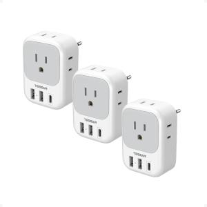 imageTESSAN European Travel Plug Adapter USB C 3 Pack US to Europe Plug Adaptor with 4 AC Outlets 3 USB Charging Ports Type C Power Adapter for USA to EU Euro Spain France Iceland Italy Germany GreeceGrayWhiteType C
