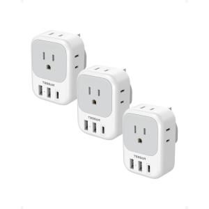 imageTESSAN European Travel Plug Adapter USB C 3 Pack US to Europe Plug Adaptor with 4 AC Outlets 3 USB Charging Ports Type C Power Adapter for USA to EU Euro Spain France Iceland Italy Germany GreeceGreyType G
