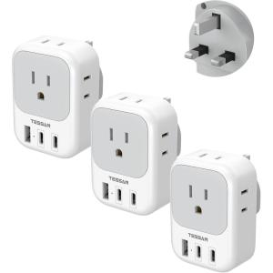 imageTESSAN European Travel Plug Adapter USB C 3 Pack US to Europe Plug Adaptor with 4 AC Outlets 3 USB Charging Ports Type C Power Adapter for USA to EU Euro Spain France Iceland Italy Germany GreecegraywhiteType G