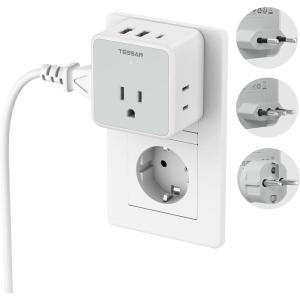 imageTESSAN European UK Travel Plug Adapter Kit Universal Detachable Travel Adapter with 3 USB 1 PD 20W and 3 AC Outlets Type C G E F Europe Ireland Power Adaptor US to EU Italy France Greece Spaingreywhite