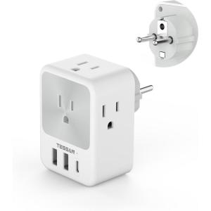 imageTESSAN Germany France Travel Power Adapter Schuko Plug Adaptor with 4 Outlets 3 USB 1 USB C Port Type EF Plug for US to European Europe German French Spain Iceland Portugal KoreaWhite GrayType EF