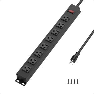 imageTESSAN Metal Power Strip 8 Outlets 1 Switch Mountable Power Strip Heavy Duty with 6 Ft Black Extension Cord 3 Prong 1200J Surge Protector Outlet for Garage Workbench Home Office 15A 125V 1875W
