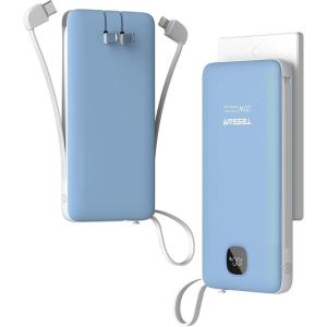 imageTESSAN Portable Charger with Built in Cables 10000mAh Power Bank Fast Charging with Foldable Wall Plug Charger 20W Compact Battery Pack Travel Essentials for iPhone 1615 Series Samsung TabletsBlue