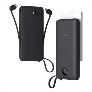 imageTESSAN Portable Charger with Built in Cables 10000mAh Power Bank Fast Charging with Foldable Wall Plug Charger 20W Compact Battery Pack Travel Essentials for iPhone 1615 Series Samsung TabletsBlack