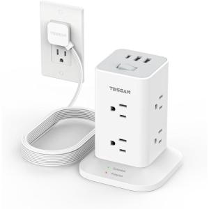 imageTESSAN Power Strip Tower with Surge Protection Flat Plug Extension Cord 6 Feet with 12 Multiple Outlets 3 USB Ports 1 USB C 900J Surge Protector Tower for HomeSupplies for Dorm Room EssentialsWhite