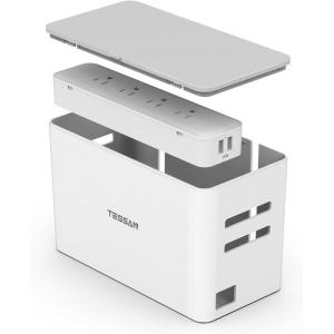 imageTESSAN Power Strip with Cable Management Box 5 ft Flat Plug Extension Cord 4 Outlets 2 USB Ports with Overload Switch Mountable White Power Cord Organizer Charging Station for Dorm Office Home
