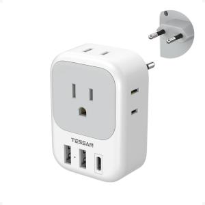 imageTESSAN South Africa Power Adapter Type M Plug Adaptor with 4 American Outlets 3 USB Charger 1 USB C Port for US to Bhutan Botswana Namibia NepalType Cwhite gray