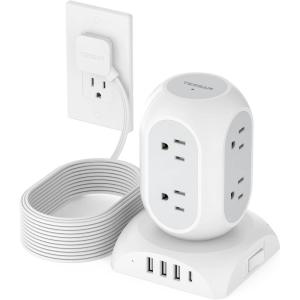 imageTESSAN Surge Protector Power Strip Tower Flat Plug Extension Cord 10 Ft with 8 AC Multiple Outlets 4 USB Ports 1 USB C 1050J Protection Desk Charging Station for Home Office Supplies Dorm RoomGrey