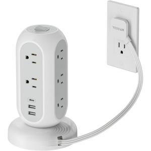 imageTESSAN Surge Protector Power Strip Tower with 3 USB Ports 11 Outlets 1875W15A Black Extension Cord 6 Feet 1050J Protection Desktop Charging Station for Office School Dorm Room EssentialsWhite With Retractable Cord