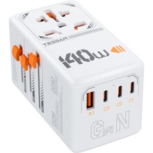 imageTESSAN Universal Travel Adapter International Power Adapter with 4 USB Ports 1 USB C Worldwide Plug Adaptor Wall Charger for USA to Europe UK France Germany Spain Ireland AustraliaType CGAIWhite140W