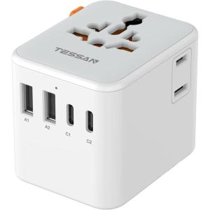 imageTESSAN Universal Travel Adapter International Power Adapter with 4 USB Ports 1 USB C Worldwide Plug Adaptor Wall Charger for USA to Europe UK France Germany Spain Ireland AustraliaType CGAIGreywhite20W