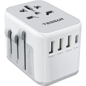 imageTESSAN Universal Travel Adapter International Power Adapter with 4 USB Ports 1 USB C Worldwide Plug Adaptor Wall Charger for USA to Europe UK France Germany Spain Ireland AustraliaType CGAIGrey17W