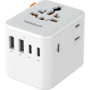 imageTESSAN Universal Travel Adapter International Power Adapter with Extra 2 Prong AC Outlet 5 USB Ports 3 USB C 28W Worldwide Plug Adaptor for US to Europe UK Australia Ireland Type C G A I2 USB A  3 USB C