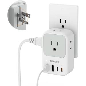 imageUSB C Charger Block 20W PD TESSAN Foldable Wall Charger with 4 USB Ports and 4 AC Outlet Extender Multi Charging Station for Cruise Home Office Dorm Room Essentials WhiteGrey