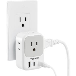 imageUSB Wall Charger TESSAN Outlet Splitter with 4 AC Outlets Extender and 3 Charger 2 USB C Blocks Multi Plug Expander Charging Station for Cruise Home Office Dorm Room EssentialsGrey