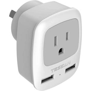 imageTESSAN Brazil Power Adapter Travel Plug 3 in 1 USA Outlet Adapter with 2 USB Charging Ports and US Grounded Input Type Nwhitegrey