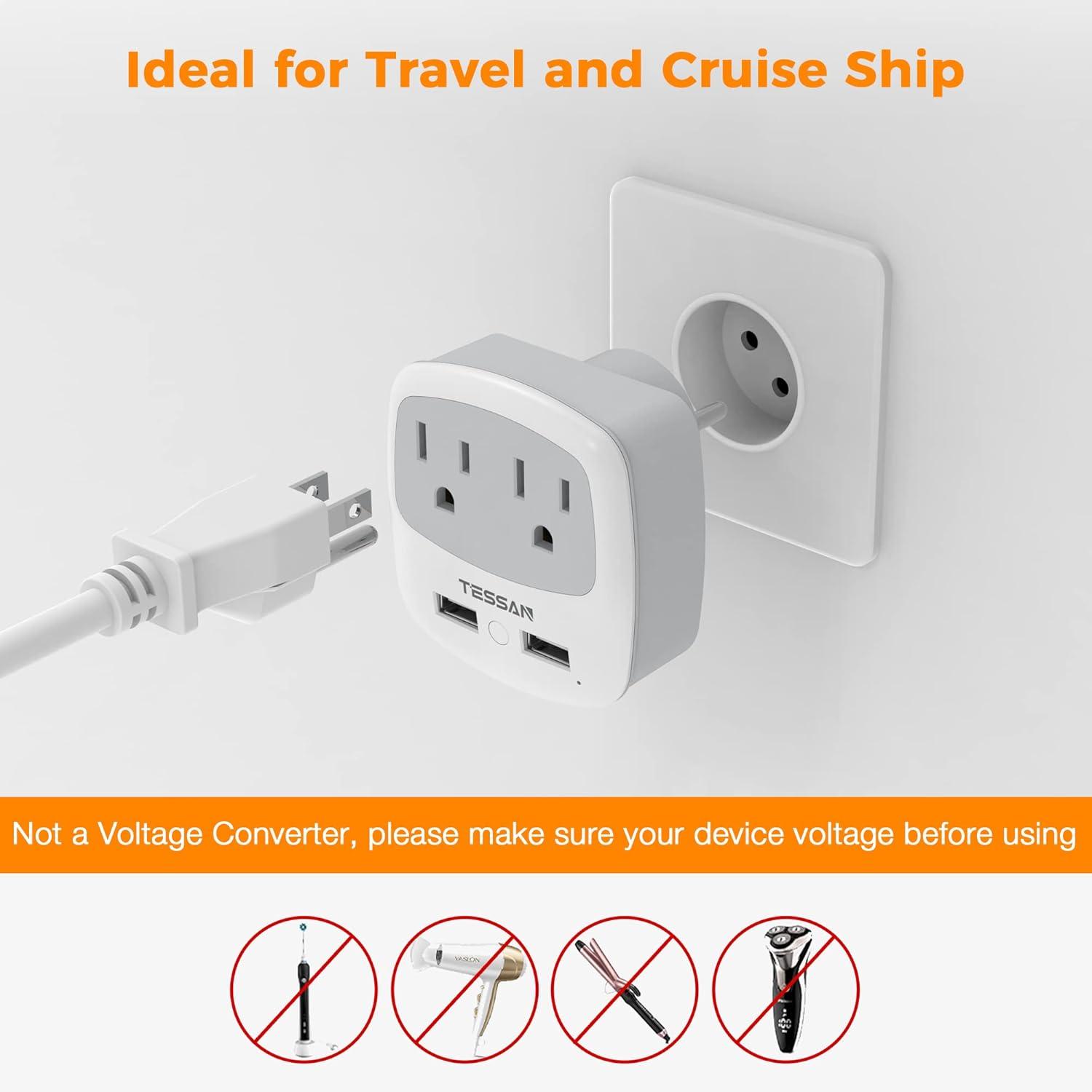imageTESSAN Germany France Power Adapter Type E F Plug Adaptor with 2 USB Ports 2 AC Outlets US to European Europe German French Spain Greece Iceland Norway Russia Korea PolandwhitegreyType H