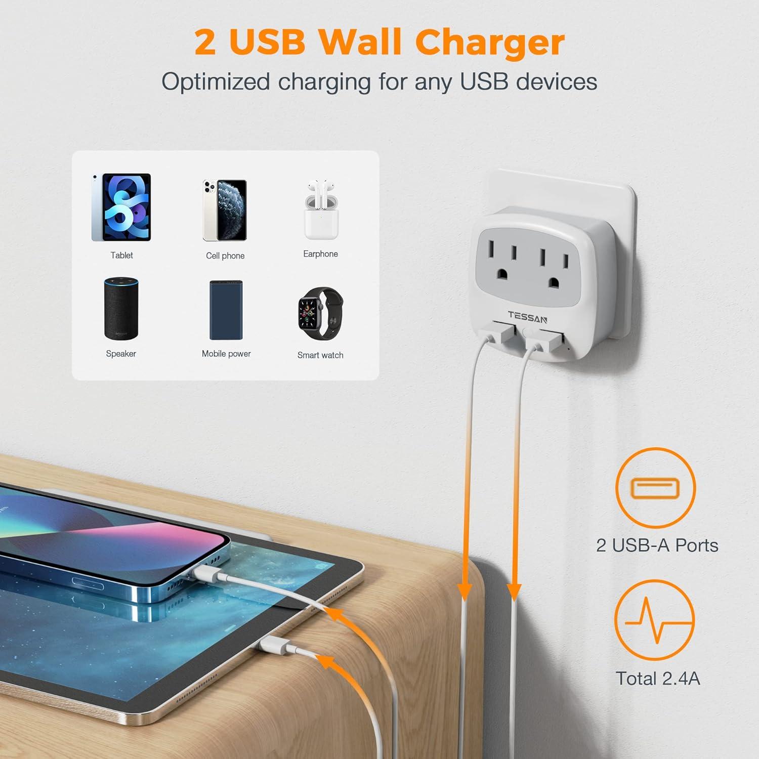 imageTESSAN Germany France Power Adapter Type E F Plug Adaptor with 2 USB Ports 2 AC Outlets US to European Europe German French Spain Greece Iceland Norway Russia Korea PolandwhitegreyType H